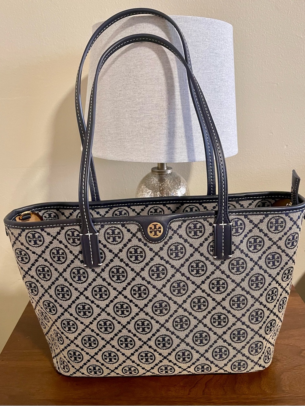 Tory Burch Small T-Monogram Zip Tote Bag- Navy and Cream Jacquard Logo Print